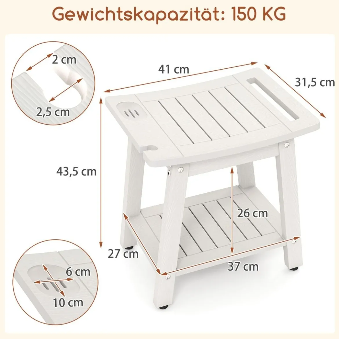 Duschbank Bad Badhocker wasserdicht mit Griff & Ablage Duschhocker 150 kg Belastbar