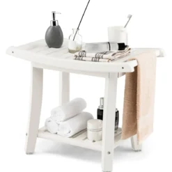 Duschbank Wasserdichter Duschhocker mit Gebogenem Sitz 60,5 x 34 x 48 cm Weiß