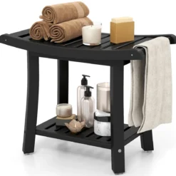 Duschbank Wasserdichter Duschhocker mit Gebogenem Sitz 60,5 x 34 x 48 cm Schwarz