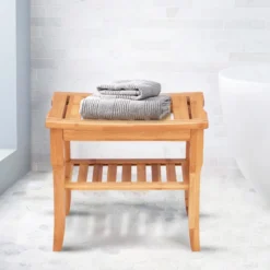 Duschhocker aus Bambus Badhocker mit Ablagefach Badezimmerhocker 48,5 x 27 x 45 cm