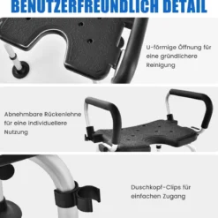 Duschstuhl höhenverstellbar Duschhocker mit Duschkopfhalterung Badehocker 100KG belastbar Duschsitz mit Arm- und Rücklehne Schwarz