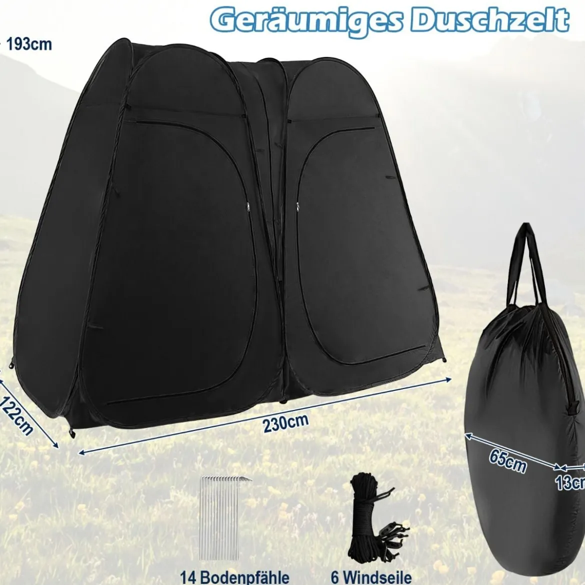 Duschzelt 230 cm Langes Doppelzimmer-Zelt Übergroßes Pop-Up-Duschzelt Schwarz