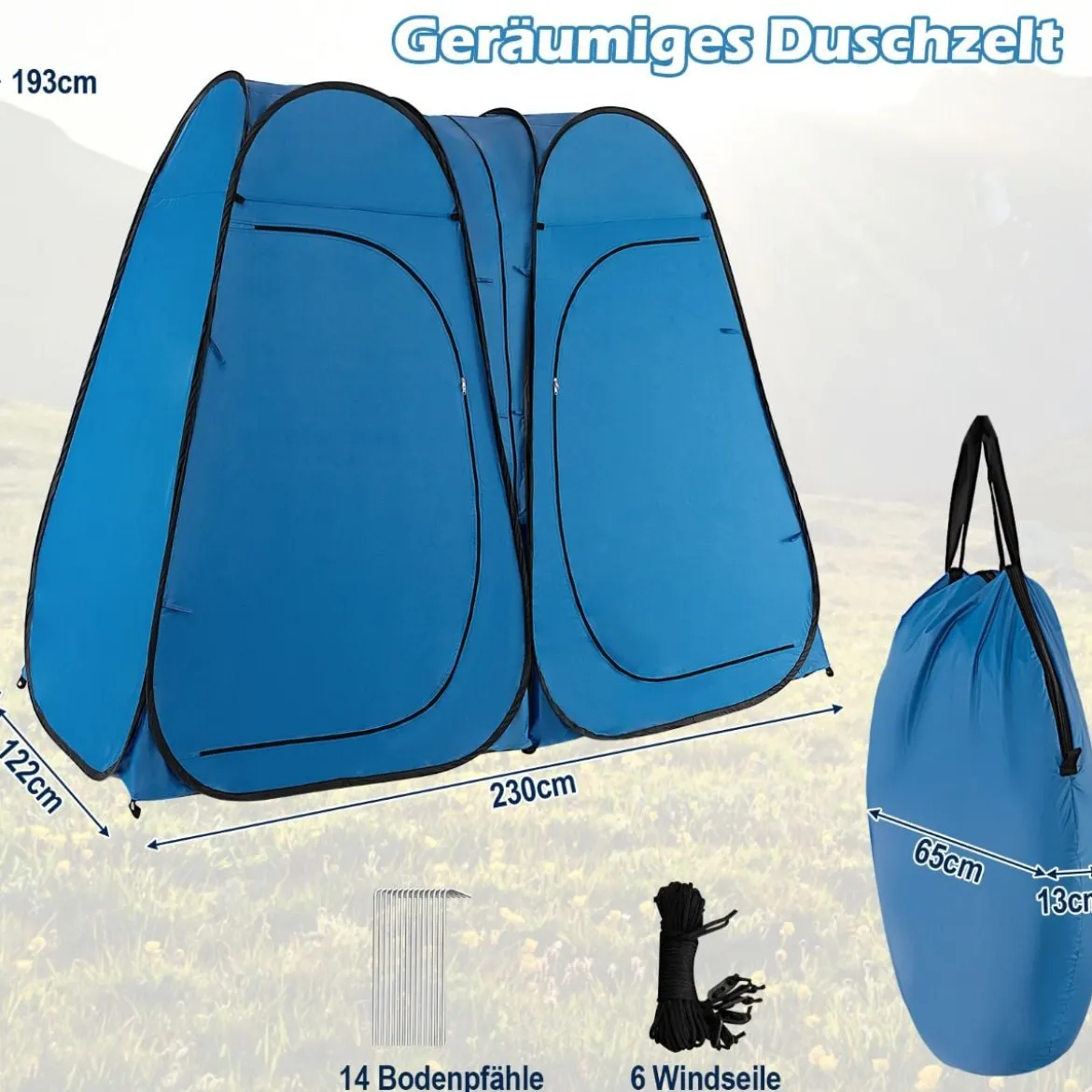 Duschzelt 230 cm Langes Doppelzimmer-Zelt Übergroßes Pop-Up-Duschzelt Blau