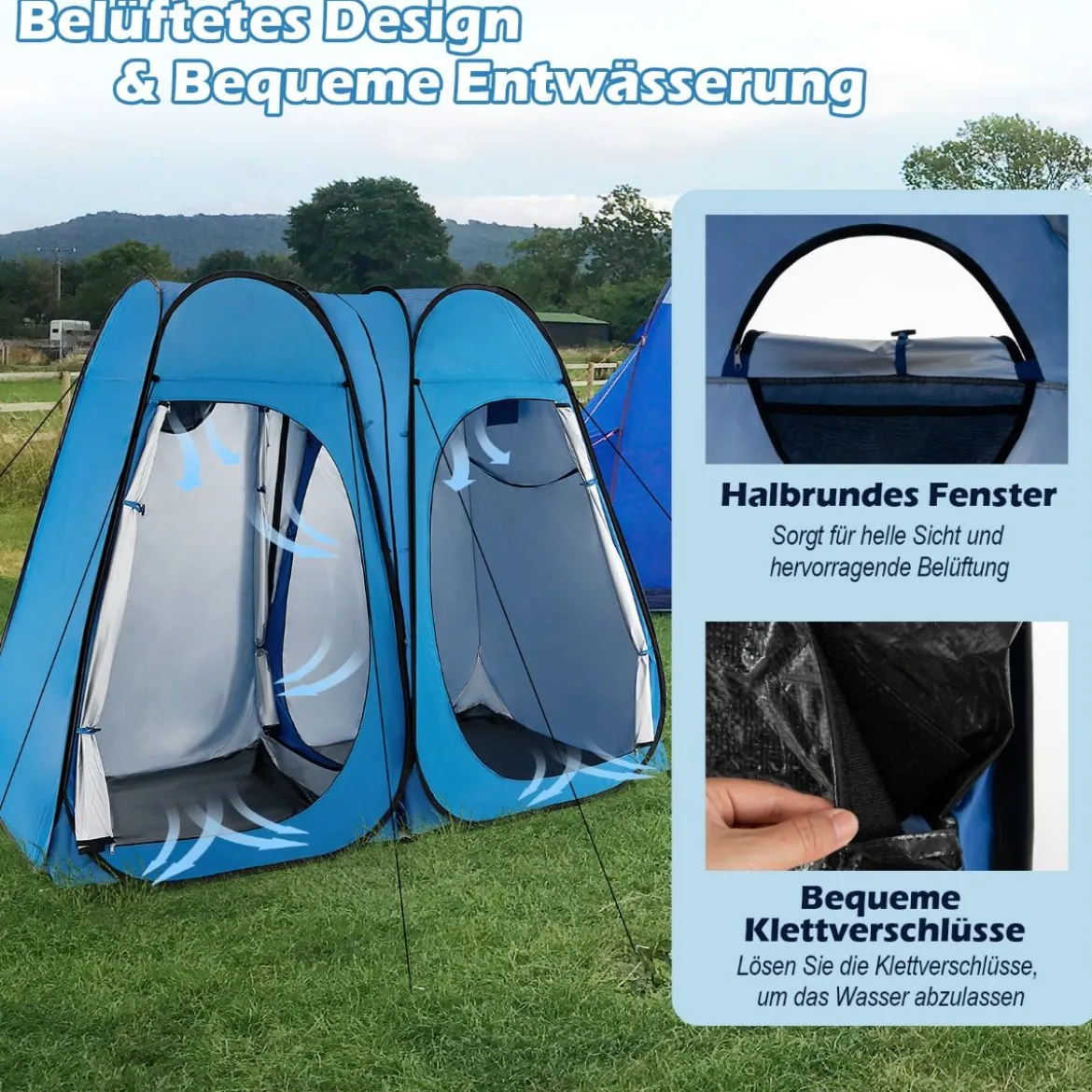 Duschzelt 230 cm Langes Doppelzimmer-Zelt Übergroßes Pop-Up-Duschzelt Blau