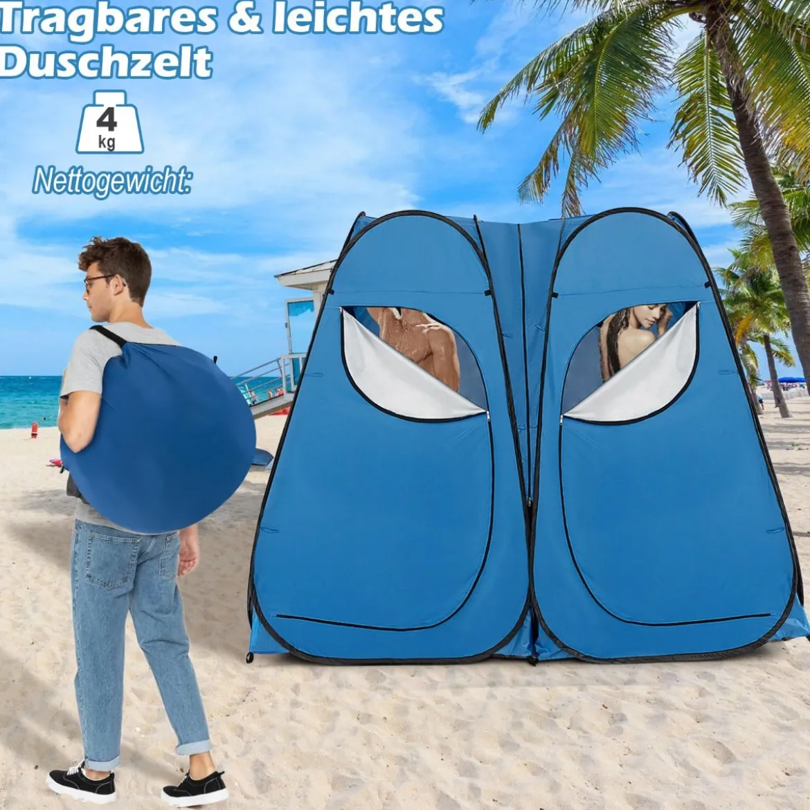 Duschzelt 230 cm Langes Doppelzimmer-Zelt Übergroßes Pop-Up-Duschzelt Blau