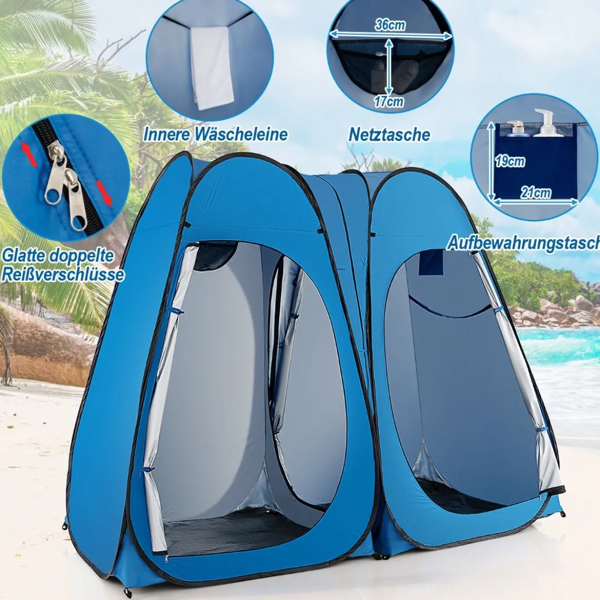 Duschzelt 230 cm Langes Doppelzimmer-Zelt Übergroßes Pop-Up-Duschzelt Blau