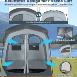 Duschzelt mit 2 Räumen & Abnehmbarem Regenschutz & Innentasche Toilettenzelt Grau