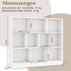 3 Ebenen Bücherregal mit 10 Fächern Standregal Würfelregal Büroregal 120 x 24 x 104 cm