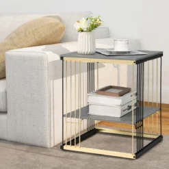 2 Ebenen Beistelltisch Marmor Optik mit abnehmbarer Ablage Sofatisch mit Metallrahmen 39 x 39 x 45 cm