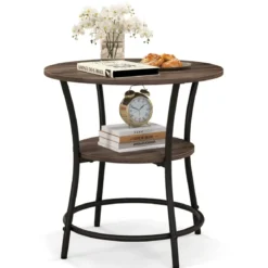 2 Ebenen Beistelltisch Rund Nachttisch mit Metallrahmen 55 x 55 x 56 cm Braun