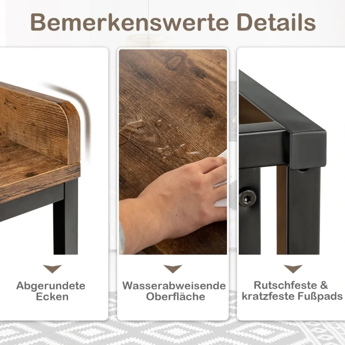 2 Ebenen Beistelltisch Sofatisch mit Metallgestell & Erhöhten Schutzwänden Rustikales Braun