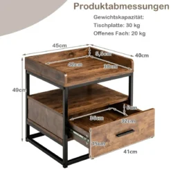 2 Ebenen Beistelltisch Sofatisch mit Metallgestell & Erhöhten Schutzwänden Rustikales Braun