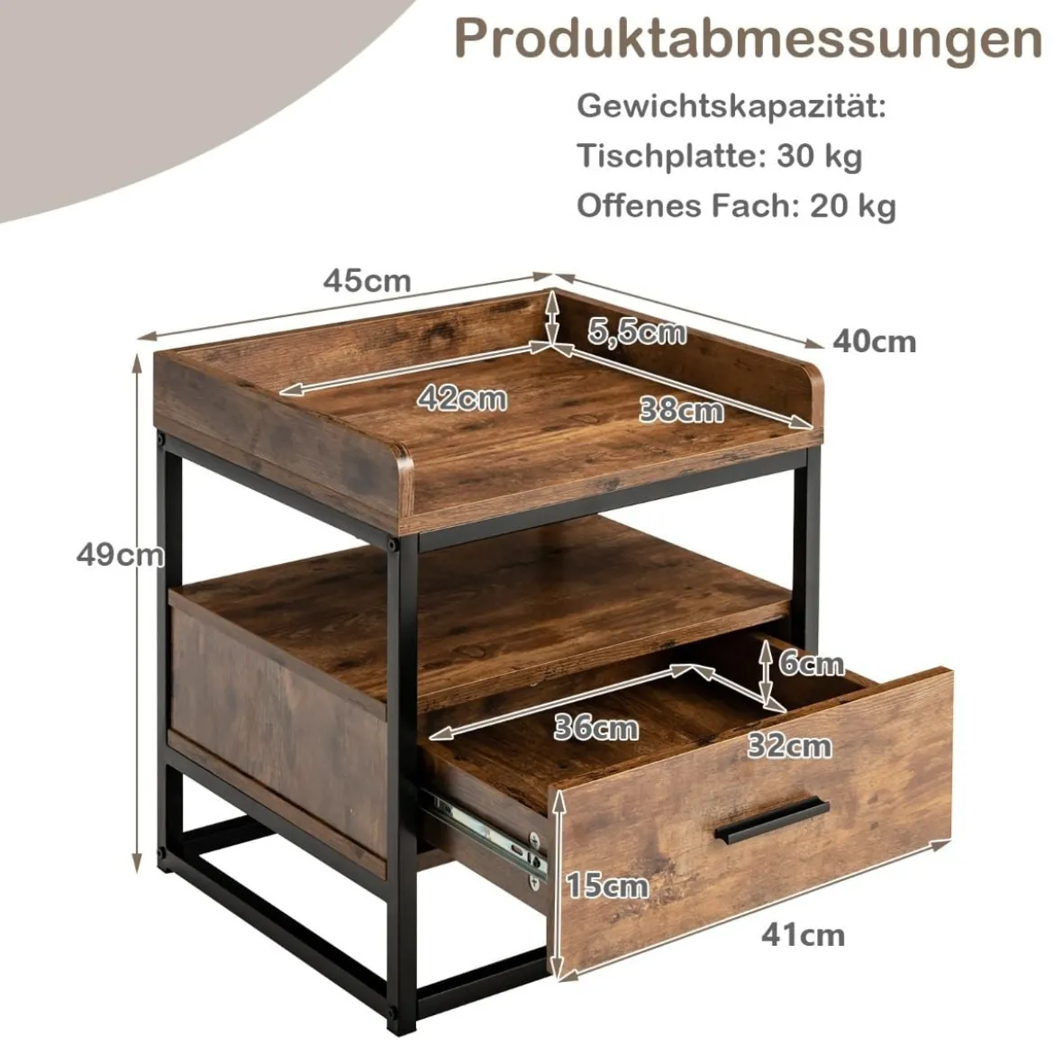 2 Ebenen Beistelltisch Sofatisch mit Metallgestell & Erhöhten Schutzwänden Rustikales Braun