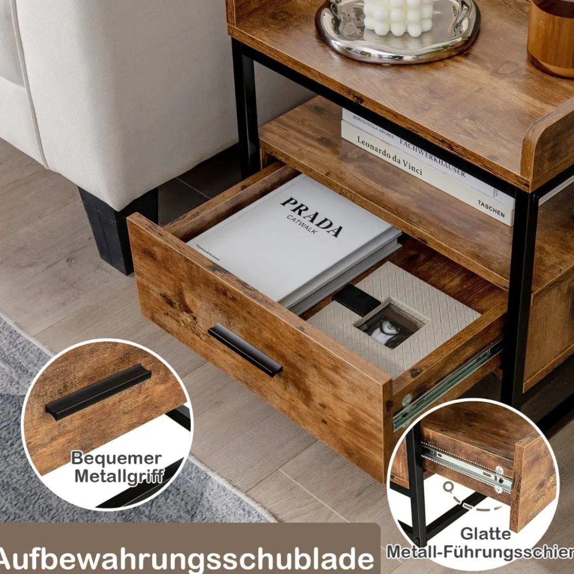 2 Ebenen Beistelltisch Sofatisch mit Metallgestell & Erhöhten Schutzwänden Rustikales Braun