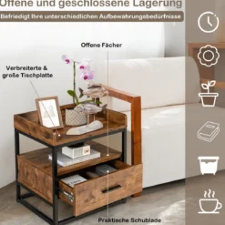 2 Ebenen Beistelltisch Sofatisch mit Metallgestell & Erhöhten Schutzwänden Rustikales Braun