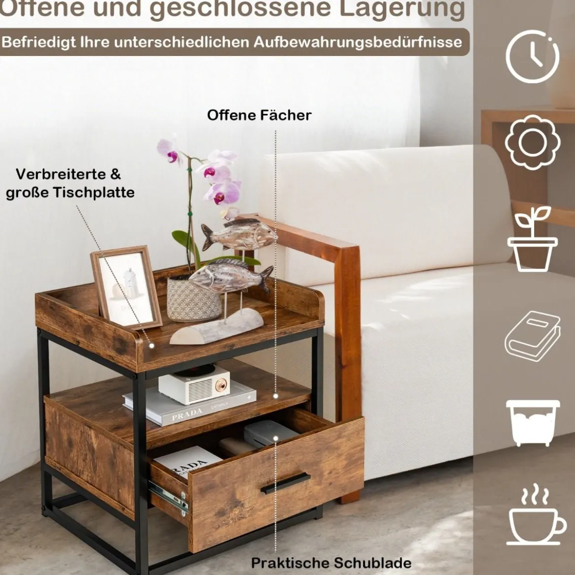 2 Ebenen Beistelltisch Sofatisch mit Metallgestell & Erhöhten Schutzwänden Rustikales Braun