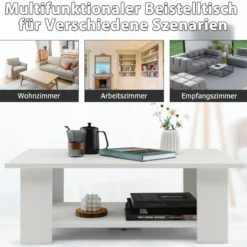 2 Ebenen Couchtisch aus Holz Beistelltisch bis zu 125kg Belastbar 90 x 52 x 32 cm Weiß