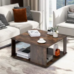 2 Ebenen Couchtisch aus Holz Industrieller Beistelltisch mit Stauraum 80 x 80 x 40 cm Braun