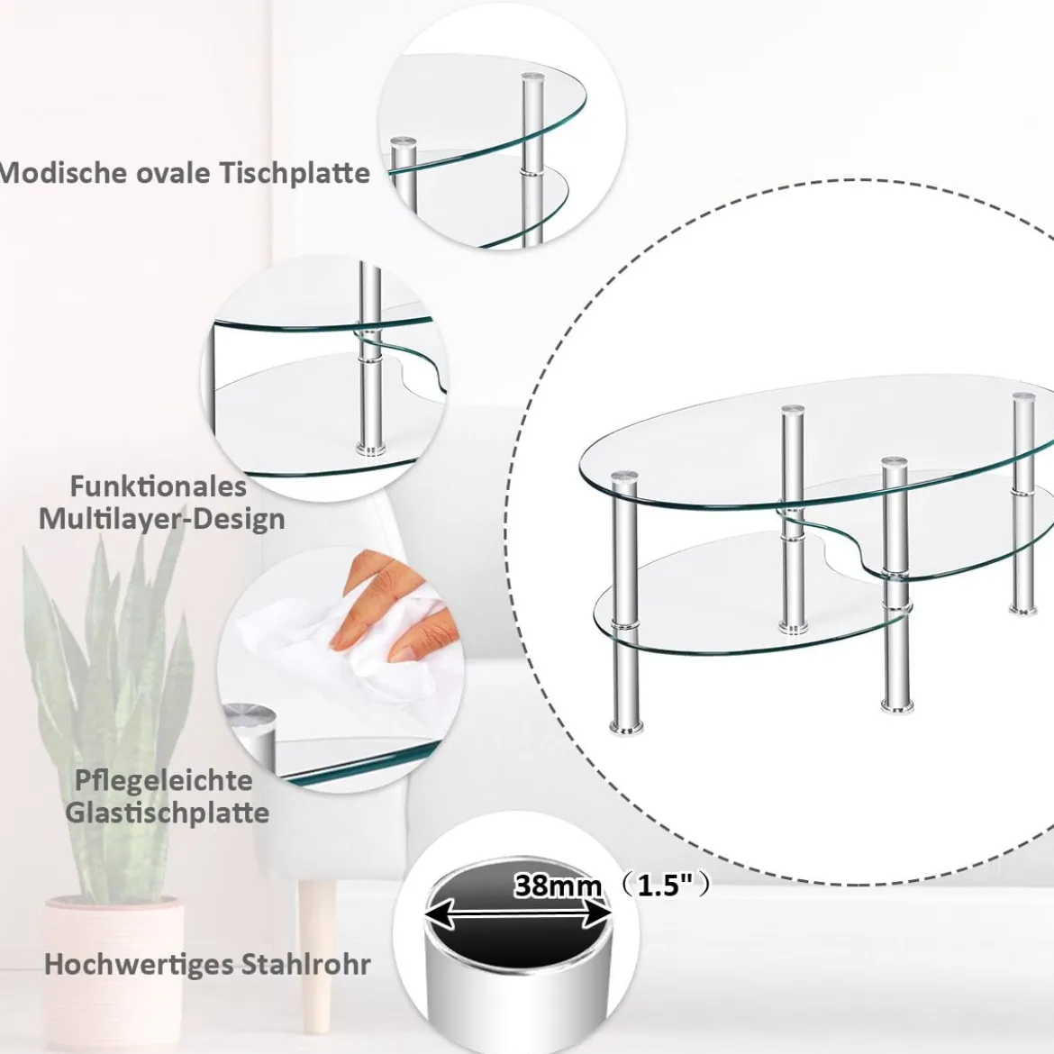 3 Ebenen Glastisch mit Modernem Ovalen Design Dreistufigem Regal Transparent