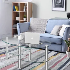 3 Ebenen Glastisch mit Modernem Ovalen Design Dreistufigem Regal Transparent