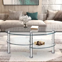 3 Ebenen Glastisch mit Modernem Ovalen Design Dreistufigem Regal Transparent