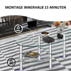 3 Ebenen Glastisch mit Modernem Ovalen Design Dreistufigem Regal Transparent
