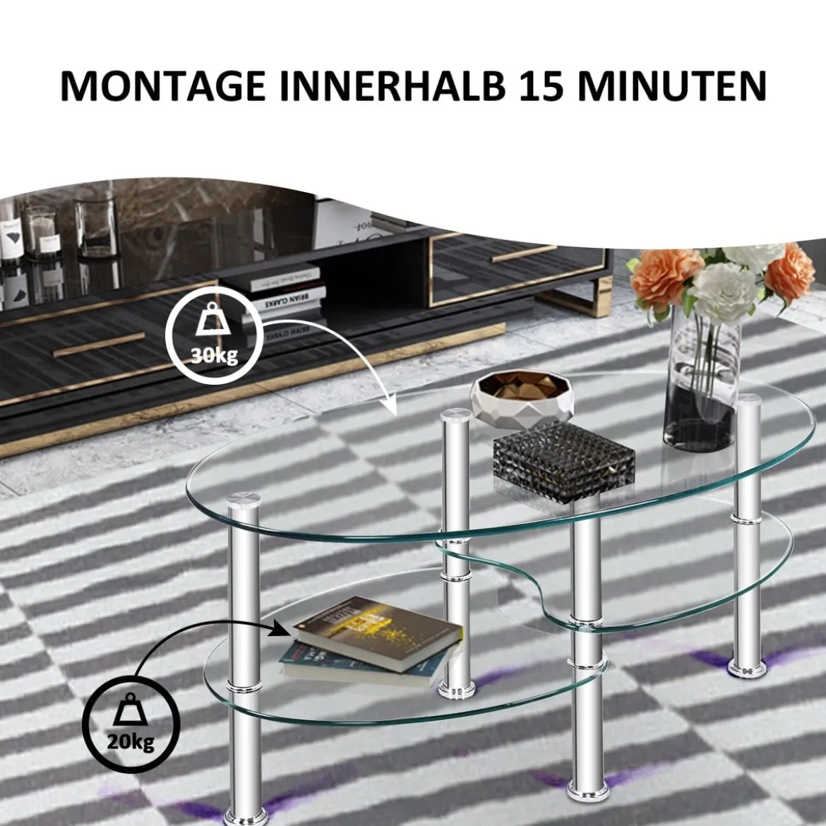 3 Ebenen Glastisch mit Modernem Ovalen Design Dreistufigem Regal Transparent