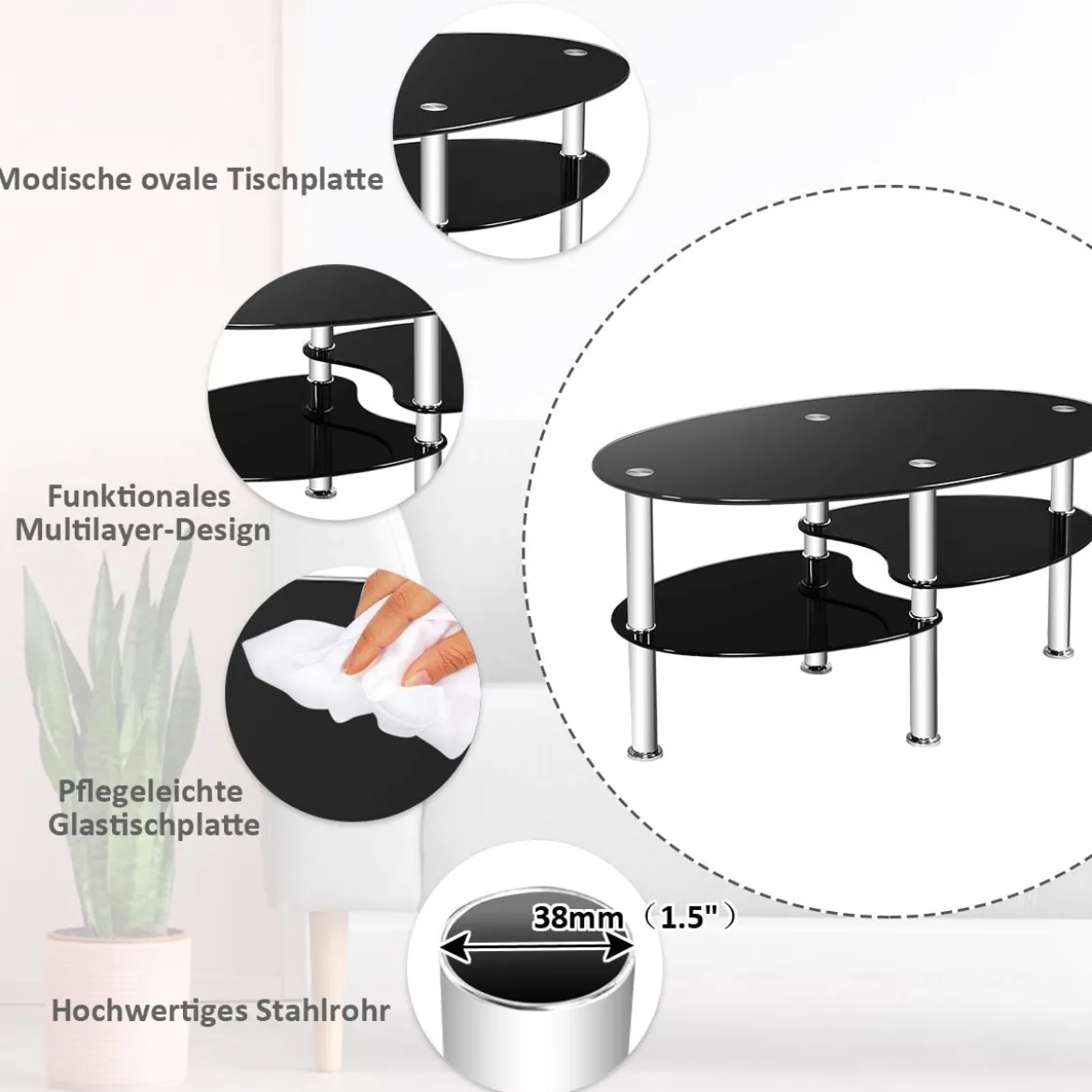 3 Ebenen Glastisch mit Modernem Ovalen Design Dreistufigem Regal Schwarz