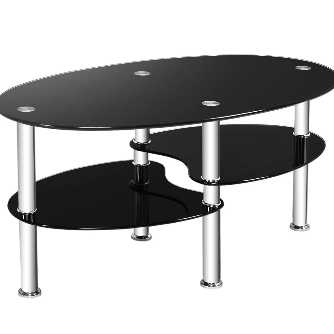 3 Ebenen Glastisch mit Modernem Ovalen Design Dreistufigem Regal Schwarz