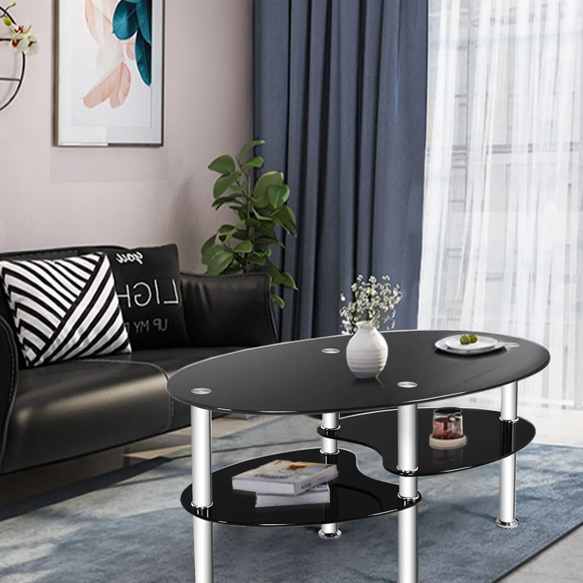 3 Ebenen Glastisch mit Modernem Ovalen Design Dreistufigem Regal Schwarz