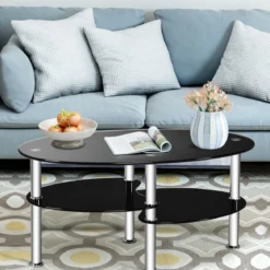 3 Ebenen Glastisch mit Modernem Ovalen Design Dreistufigem Regal Schwarz