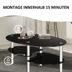 3 Ebenen Glastisch mit Modernem Ovalen Design Dreistufigem Regal Schwarz
