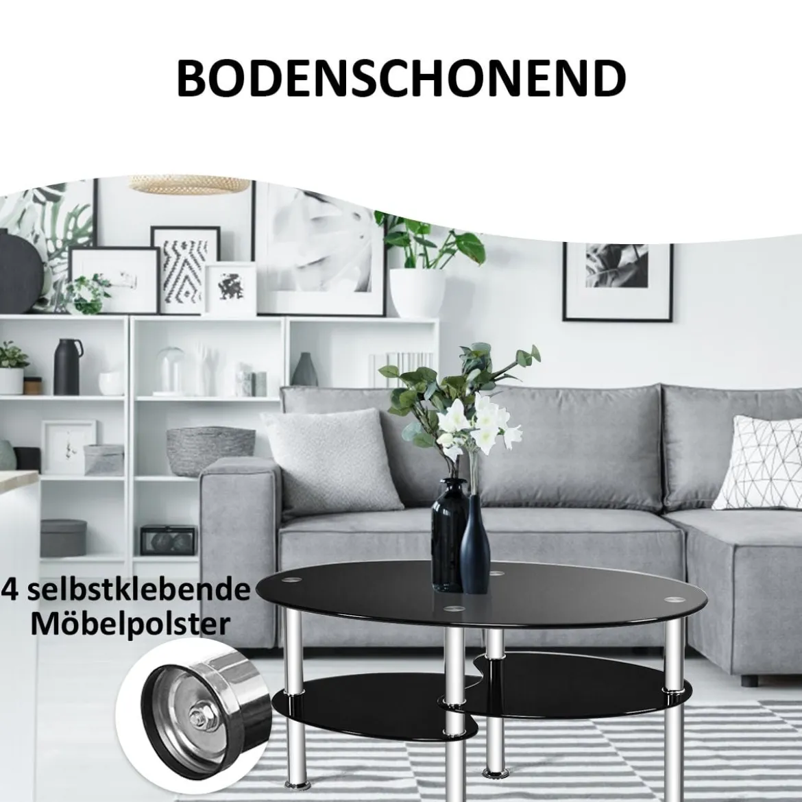 3 Ebenen Glastisch mit Modernem Ovalen Design Dreistufigem Regal Schwarz