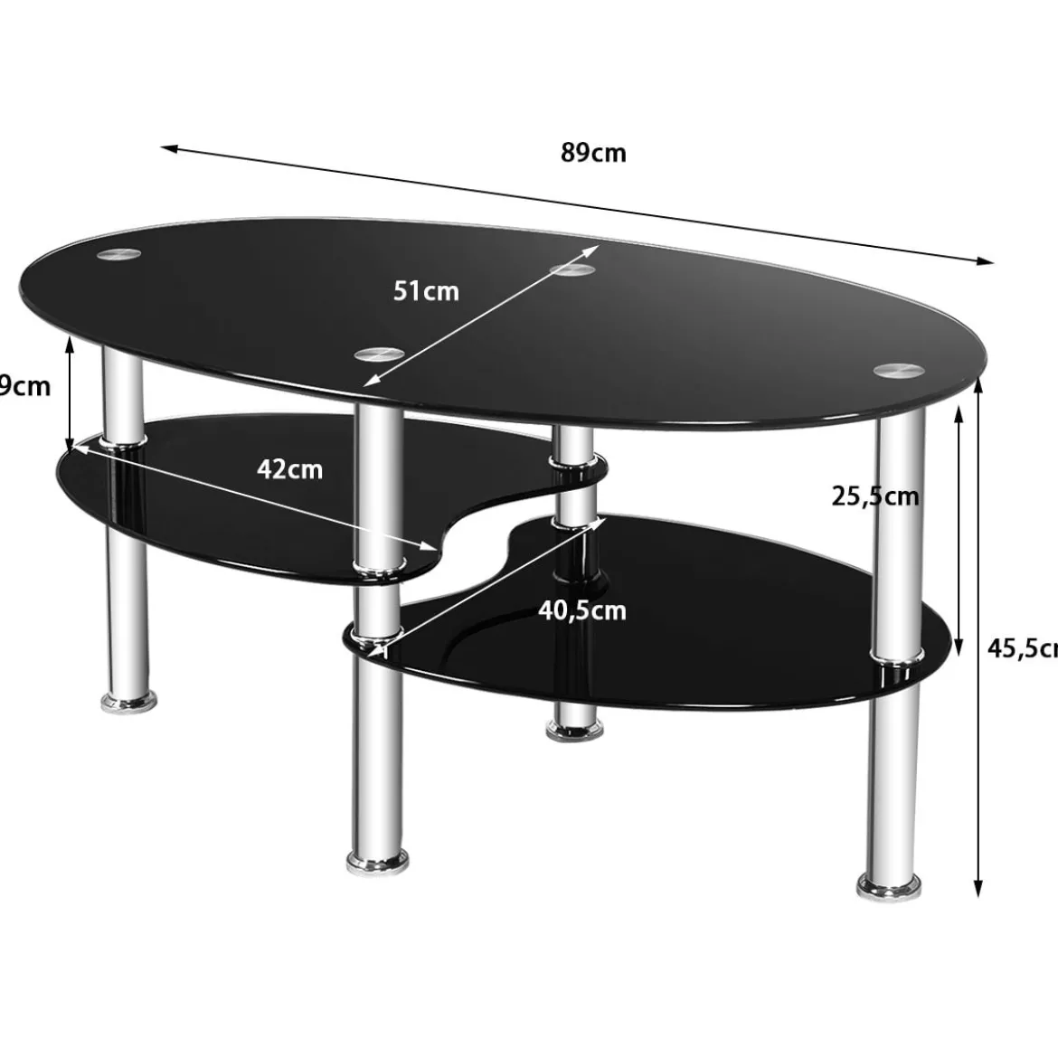 3 Ebenen Glastisch mit Modernem Ovalen Design Dreistufigem Regal Schwarz