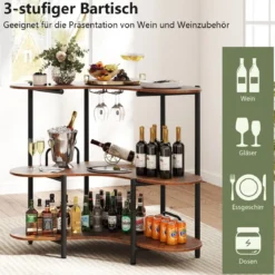 3 Ebenen Küche Bartisch mit Glashalter & Metallrahmen Hausbar Küchentheke Minibar