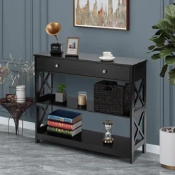 3 Ebenen Konsolentisch mit Schublade & Regal aus Holz 100 x 30 x 80 cm schwarz