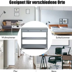 3 Ebenen Konsolentisch mit Schublade & 2 Ablagen & X-Förmigen Beinen