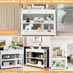 3 Ebenen Konsolentisch mit Schublade & 2 Ablagen & X-Förmigen Beinen