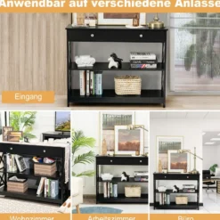 3 Ebenen Konsolentisch mit Schublade & 2 Ablagen & X-Förmigen Beinen
