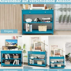 3 Ebenen Konsolentisch mit Schublade & 2 Ablagen & X-Förmigen Beinen