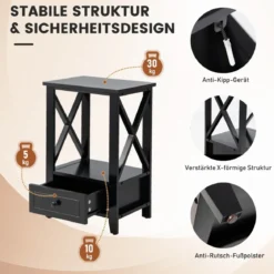 2 Ebenen Nachttisch mit Schublade Beistelltisch Holz 40 x 30 x 61,5cm Schwarz