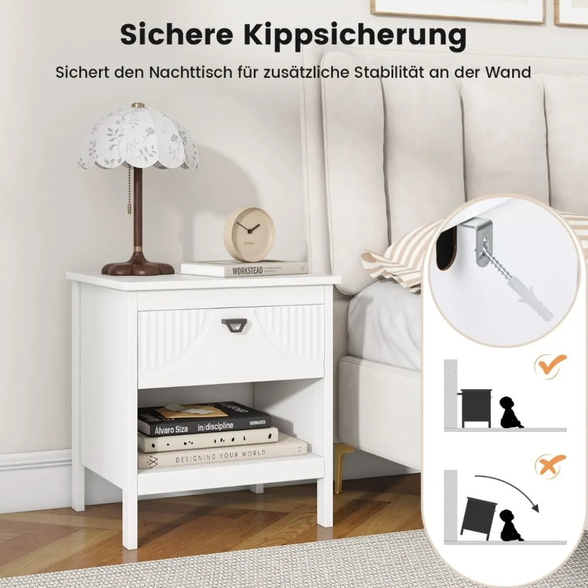 2 Ebenen Nachttisch mit Schublade & Offenem Regal Beistelltisch Holz Nachtschrank Sofatisch