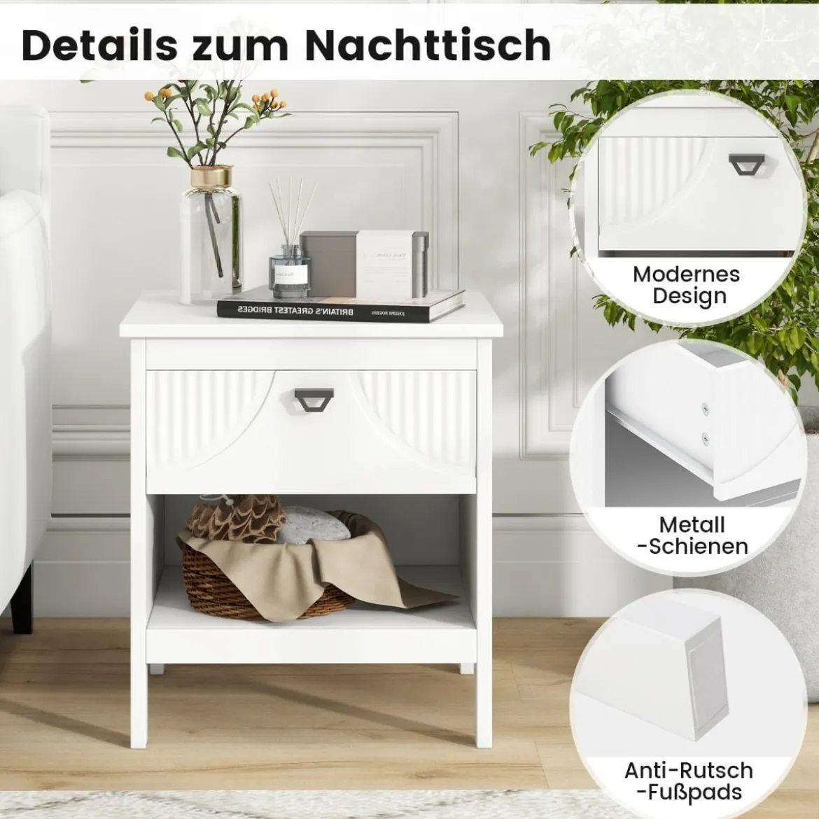 2 Ebenen Nachttisch mit Schublade & Offenem Regal Beistelltisch Holz Nachtschrank Sofatisch