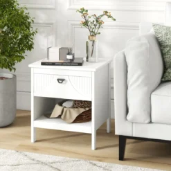 2 Ebenen Nachttisch mit Schublade & Offenem Regal Beistelltisch Holz Nachtschrank Sofatisch