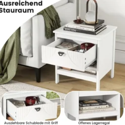 2 Ebenen Nachttisch mit Schublade & Offenem Regal Beistelltisch Holz Nachtschrank Sofatisch