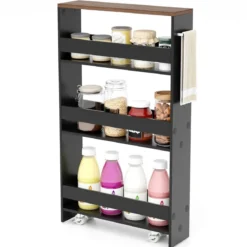 4 Ebenen Nischenregal auf Rollen aus Holz mit Griff Küchenwagen 48 x 13 x 81 cm Schwarz + Braun