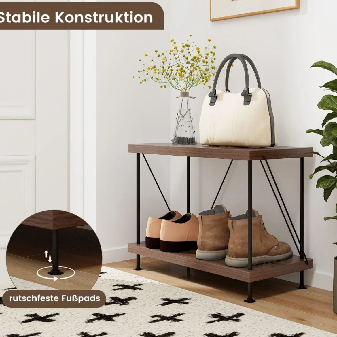 2 Ebenen Standregal mit Metallrahmen Industrielles Bücherregal Lagerregal 60 x 29,5 x 45 cm