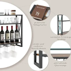 3 Ebenen Wand-Weinregal aus Metall mit Glashalter Industrial Design Rustikales Braun