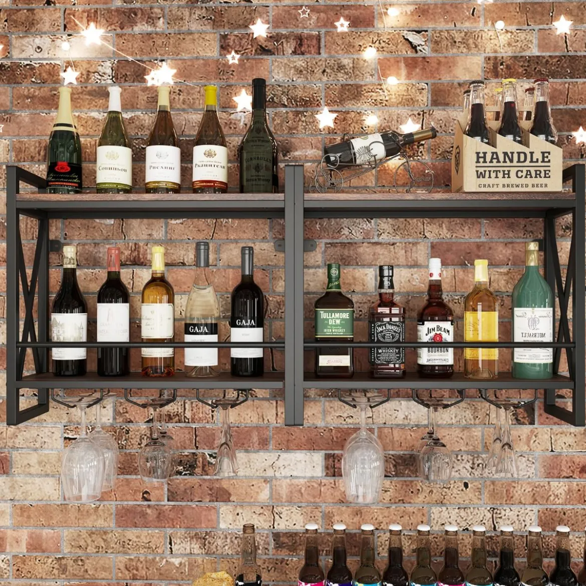 2 Ebenen Wand-Weinregal mit 3 Stielglas-Haltern Flaschenregal Holz mit Metallrahmen