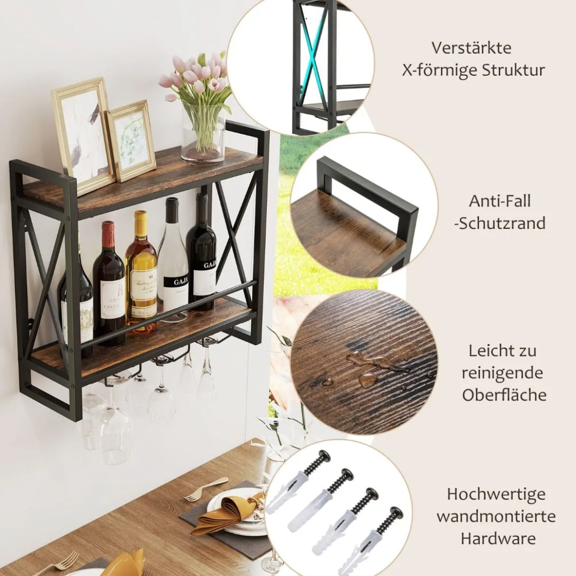 2 Ebenen Wand-Weinregal mit 3 Stielglas-Haltern Flaschenregal Holz mit Metallrahmen